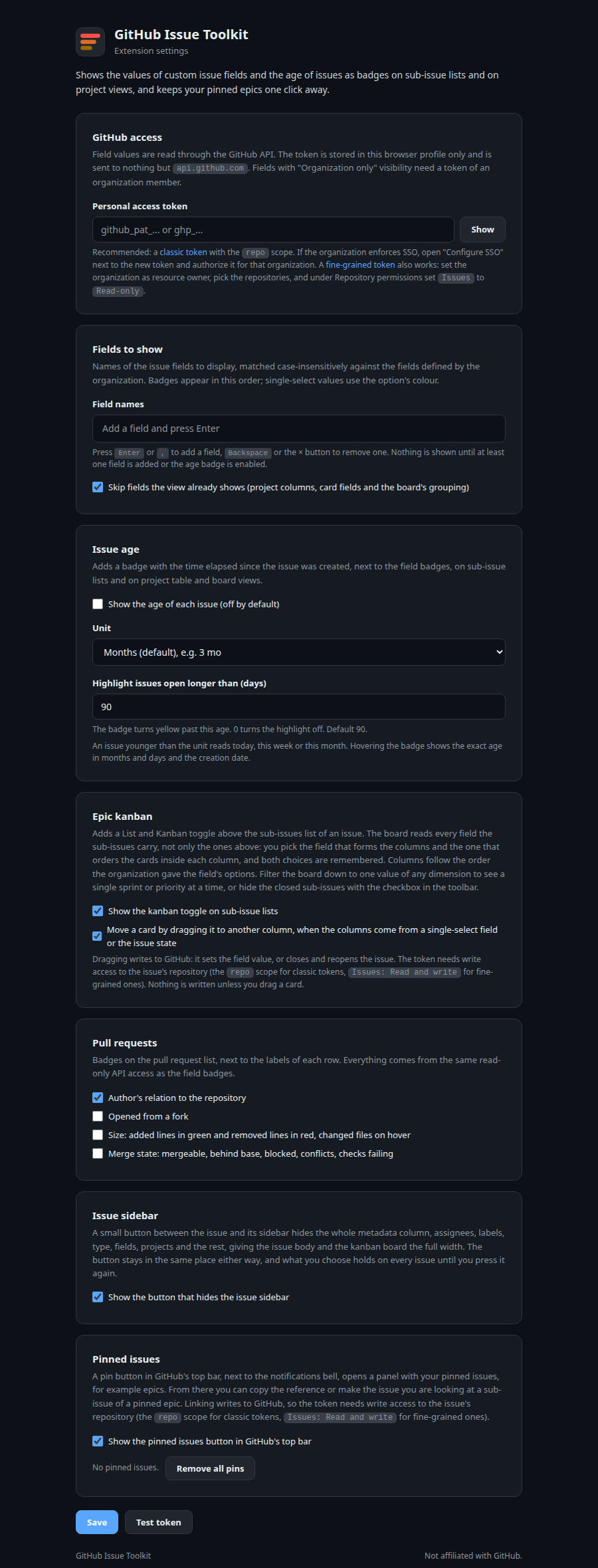 The settings page in dark mode: token input and the field names chip box
