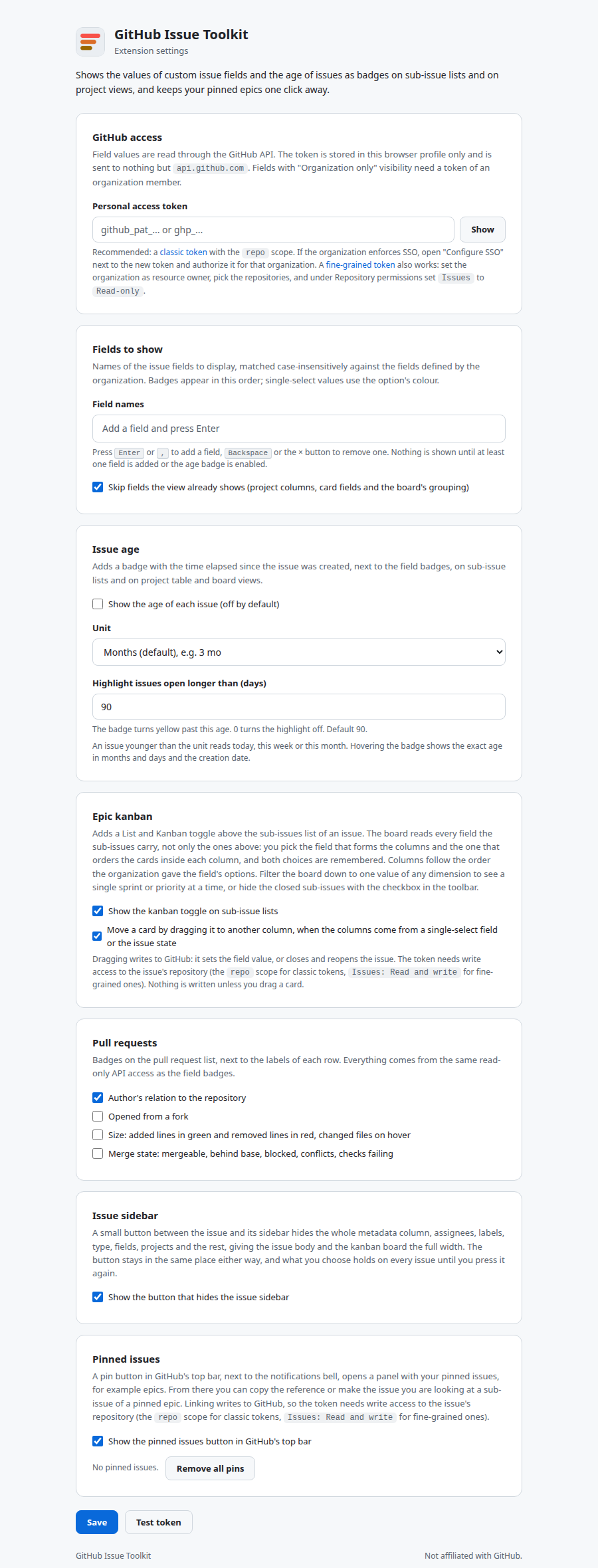 The settings page: token input and the field names chip box